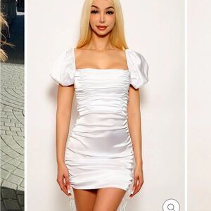 Sabo Skirt Ruched Mini Peasant Dress in White
